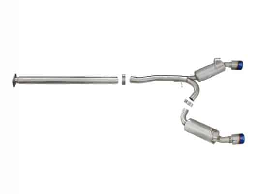 Alternative view of aFe Takeda 3in. to 2.5in. 304 SS C/B Exhaust 08-15 Mitsubishi EVO I4-2.0L (t) - Blue Flamed Tips