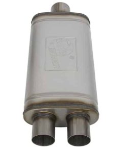 Alternative view of aFe MACHForce XP SS Muffler 3in Center Inlet / 2.5in Dual Outlets 18in L x 9in W x4in H Body