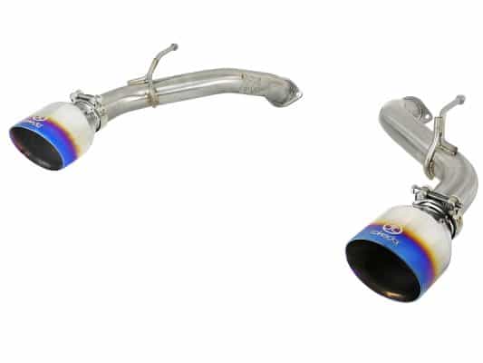Alternative view of aFe Takeda 2.5in 304 SS Axle-Back Exhaust w/ Blue Flame Tips 16-18 Infiniti Q50 V6-3.0L (tt)