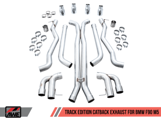 Alternative view of AWE Tuning 18-19 BMW M5 (F90) 4.4T AWD Cat-back Exhaust - Track Edition (Chrome Silver Tips)