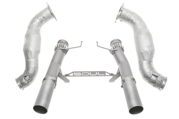 SOUL 2017+ McLaren 720S 3.5in Sport Exhaust Pkg (200 Cell Cats) - Straight Cut Silver Ceramic Tips