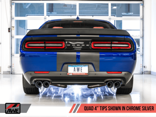 Alternative view of AWE Tuning 2017+ Dodge Challenger 5.7L Track Edition Exhaust - Chrome Silver Quad Tips