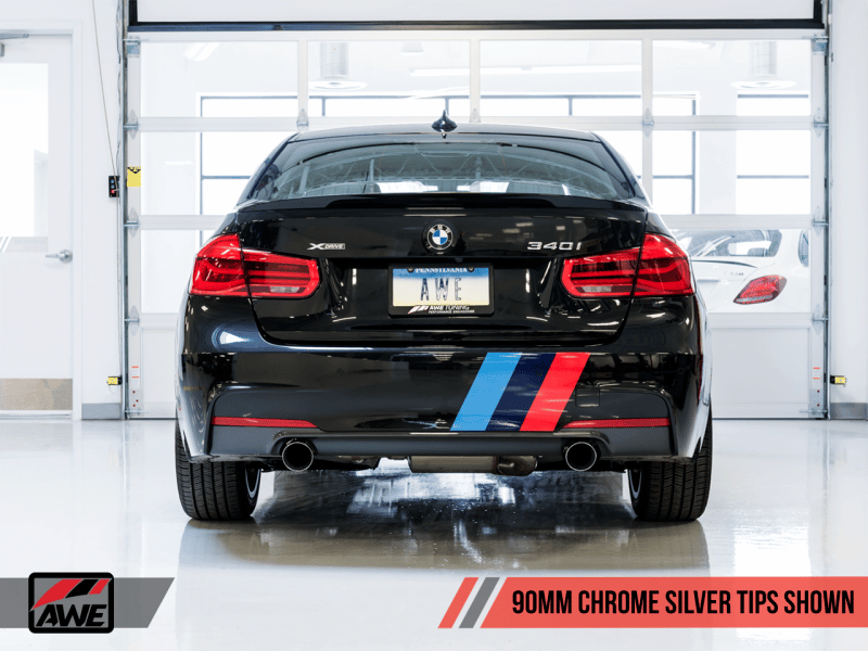 AWE Tuning BMW F3X 340i Touring Edition Axle-Back Exhaust - Chrome Silver Tips (90mm) - Image 9