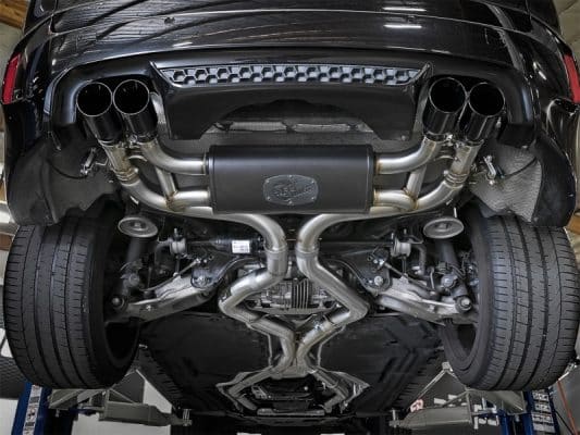 Alternative view of aFe MACH Force-Xp 3.5in. 304 SS C/B Exhaust System 15-18 BMW X5 M (F85) V8-4.4L (tt) - Black Tip
