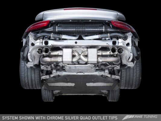 Alternative view of AWE Tuning Porsche 991.1 Turbo Performance Exhaust and High-Flow Cats - Black Quad Tips