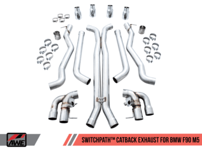Alternative view of AWE Tuning 18-19 BMW M5 (F90) 4.4T AWD SwitchPath Cat-back Exhaust - Chrome Silver Tips