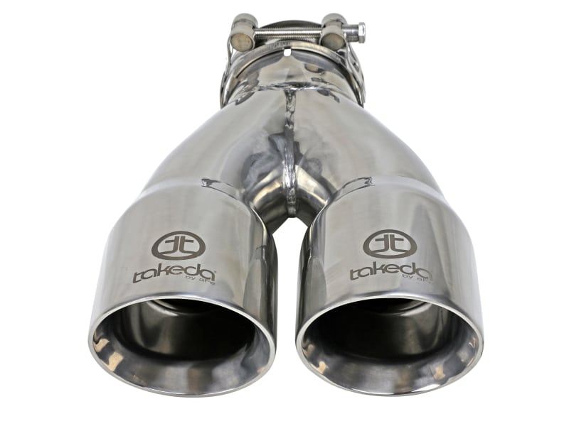 aFe Takeda 2.5in 304 Stainless Steel Clamp-on Exhaust Tip 2.5in Inlet 3in Dual Outlet - Polished - Image 3