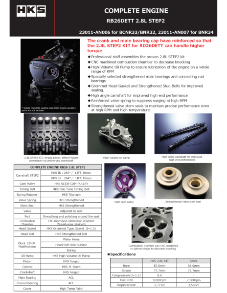 HKS Nissan Skyline GT-R RB26 2.8L Step 2 / BNR34 COMPLETE ENGINE