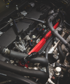 Alternative view of AMS Performance 08-15 Mitsubishi EVO X CNC Machined Aluminum Fuel Rail w/Pulsation Dampener - Red