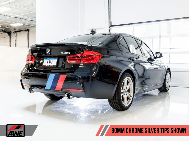 AWE Tuning BMW F3X 340i Touring Edition Axle-Back Exhaust - Chrome Silver Tips (90mm) - Image 8