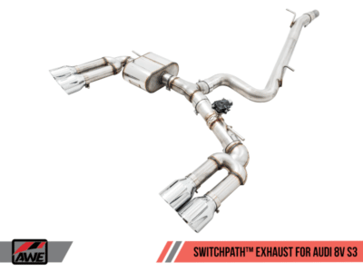 Alternative view of AWE Tuning Audi 8V S3 SwitchPath Exhaust w/Chrome Silver Tips 102mm