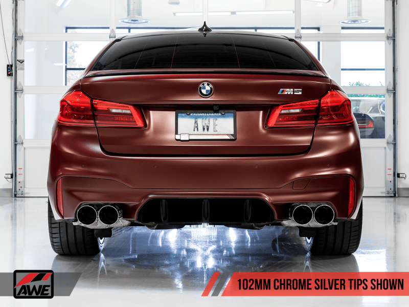 AWE Tuning 18-19 BMW M5 (F90) 4.4T AWD SwitchPath Cat-back Exhaust - Chrome Silver Tips - Image 4