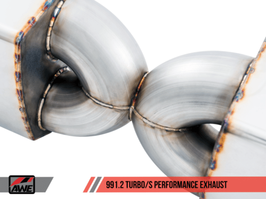 Alternative view of AWE Tuning Porsche 991 Turbo Performance Exhaust and High-Flow Cat Sections - Black Quad Tips