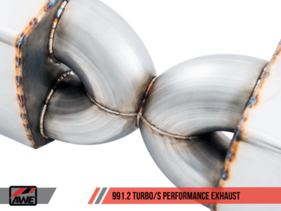 Alternative view of AWE Tuning Porsche 991.2 Turbo Performance Exhaust and High-Flow Cat Sections - Silver Quad Tips