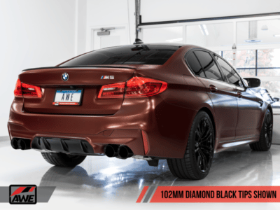 Alternative view of AWE Tuning 18-19 BMW F90 M5 SwitchPatch Cat-Back Exhaust- Black Diamond Tips