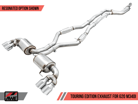 Alternative view of AWE Tuning 2019+ BMW M340i (G20) Resonated Touring Edition Exhaust - Quad Chrome Silver Tips