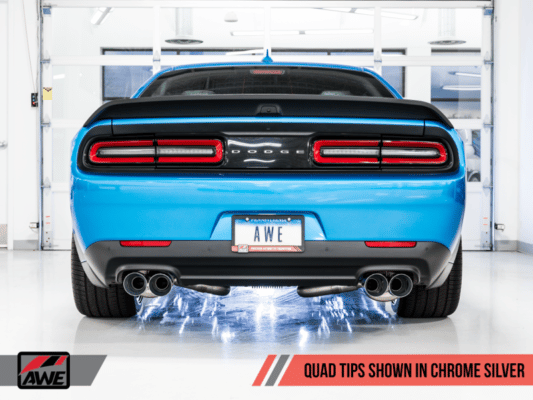 Alternative view of AWE Tuning 2015+ Dodge Challenger 6.4L/6.2L SC Track Edition Exhaust - Quad Chrome Silver Tips