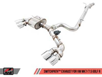 Alternative view of AWE Tuning Mk7 Golf R SwitchPath Exhaust w/Chrome Silver Tips 102mm