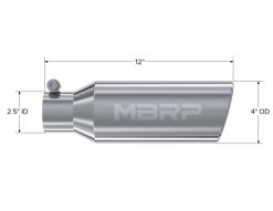 MBRP Universal Tip 4in OD 2.5in Inlet 12in Length Angled Cut Rolled End Clampless No-Weld T304 - Image 3