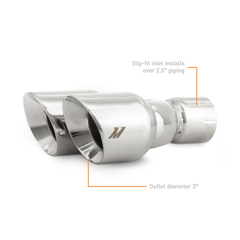 Mishimoto Dual Offset Tips 2.5in Inlet 3in Outlet Slash Cut - Polished - Image 2