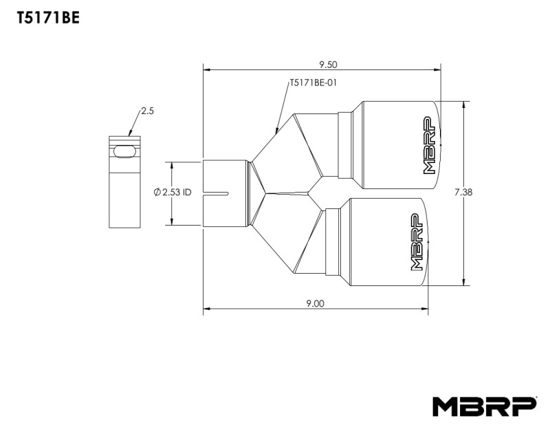 MBRP Burnt End Tip 2.5 ID, Dual 3.5 OD Out, 9.5 length, Single wall 304 Stainless Steel - Image 4