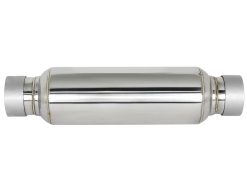 Alternative view of aFe MACH Force-Xp Resonator 2-1/2 IN Inlet/Outlet x 4 IN Dia. x 12 IN Body x 15 IN Overall Length