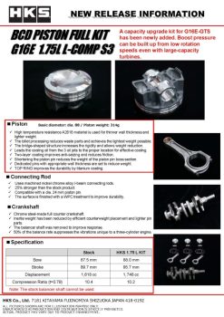 Alternative view of HKS BCD Piston Kit G16E 1.75L L-Comp S3 D88