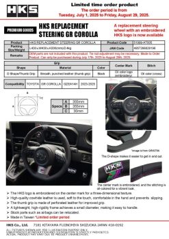 Alternative view of HKS GR Corolla GXPA16/GZEA14H Replacement Steering Wheel