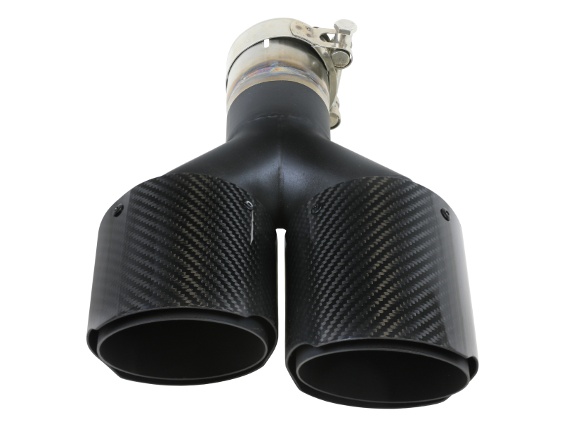 aFe Takeda 2.5in 304 Stainless Steel Clamp-on Exhaust Tip Driver side 2.5in Inlet 4in Dual-Carbon - Image 3