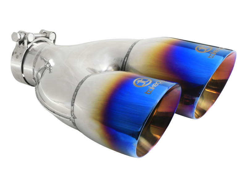 aFe Takeda 2.5in 304 Stainless Steel Clamp-on Exhaust Tip Driver Side 2.5in Inlet 4inDual-Blue Flame