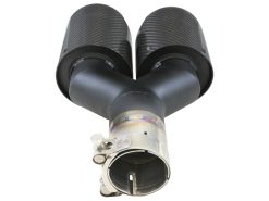 aFe Takeda 2.5in 304 Stainless Steel Clamp-on Exhaust Tip Driver side 2.5in Inlet 4in Dual-Carbon - Image 4