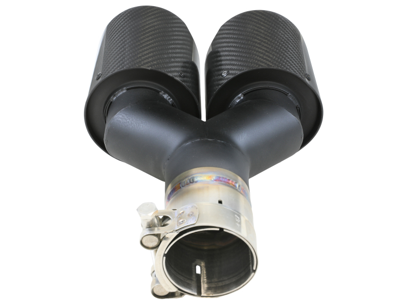 aFe Takeda 2.5in 304 Stainless Steel Clamp-on Exhaust Tip Driver side 2.5in Inlet 4in Dual-Carbon - Image 4