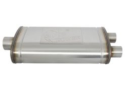 Alternative view of aFe MACHForce XP SS Muffler 3in Center Inlet / 2.5in Dual Outlets 22in L x 11in W x 6in H Body